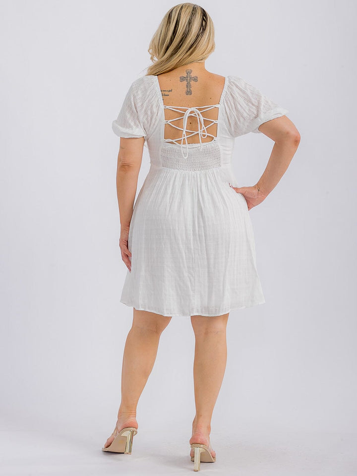 PLUS SIZE SHORT SLEEVE V-NECK SMOCK OPEN BACK MINI DRESS