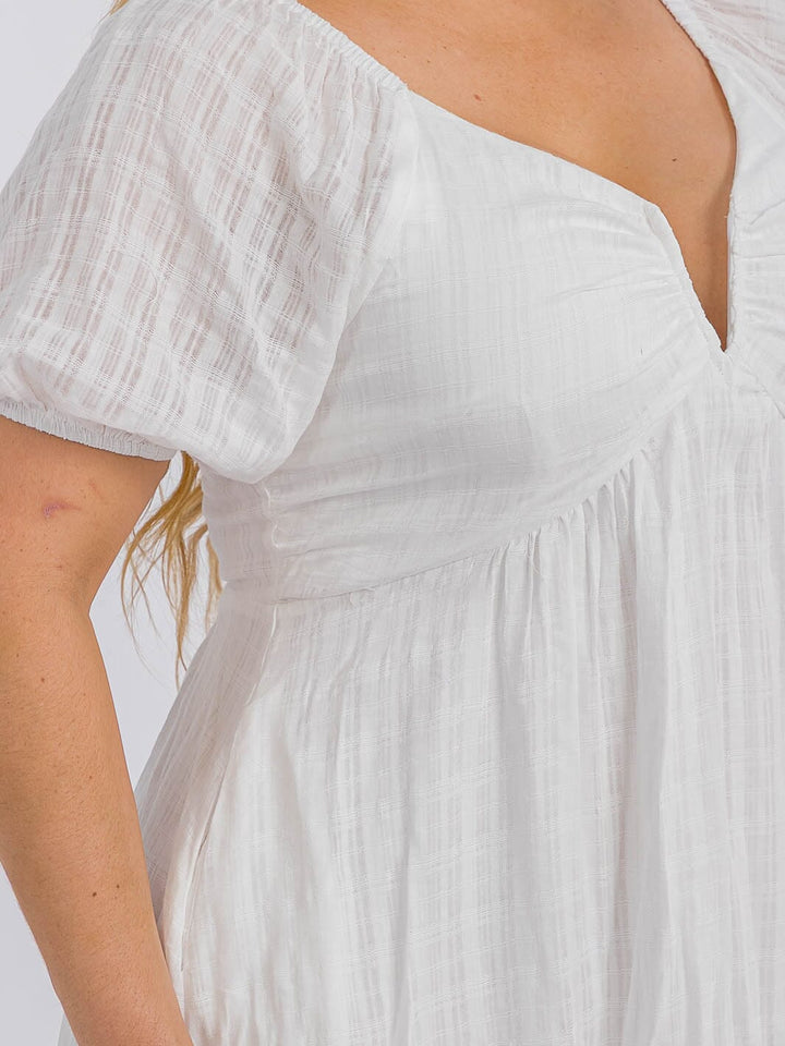 PLUS SIZE SHORT SLEEVE V-NECK SMOCK OPEN BACK MINI DRESS