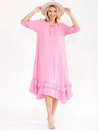 WOMEN'S 3/4 SLEEVE RUFFLE BOTTOM HEM FRONT POCKETS LOOSE FIT MAXI DRESS