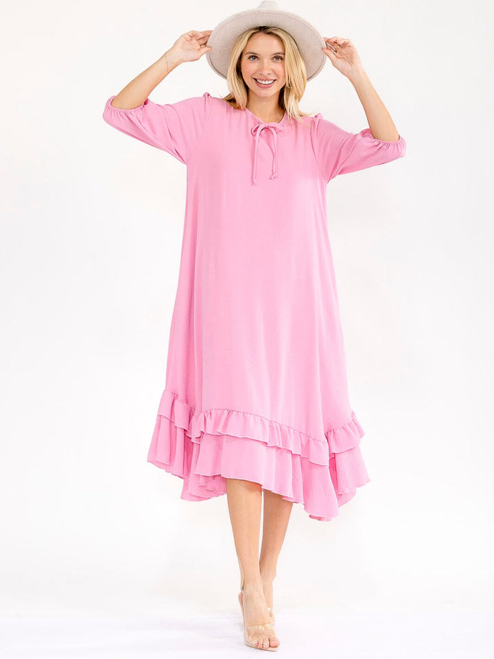 WOMEN'S 3/4 SLEEVE RUFFLE BOTTOM HEM FRONT POCKETS LOOSE FIT MAXI DRESS