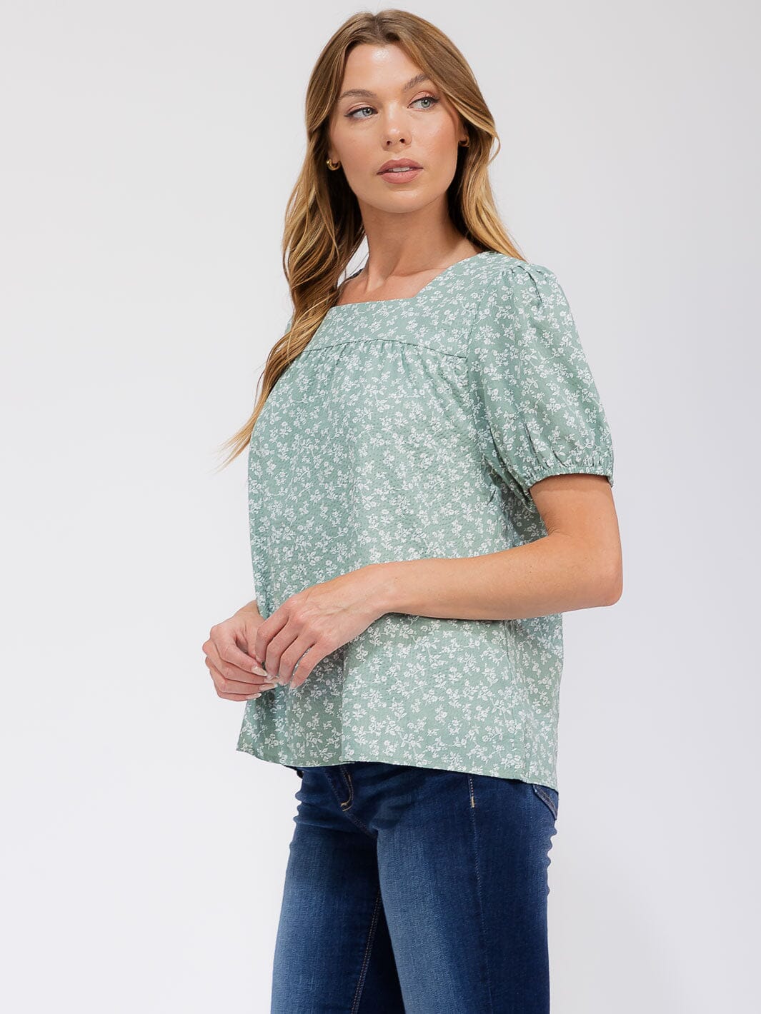 WOMEN'S SHORT PUFF SLEEVE SQUARE NECK FLOWER BLOUSE