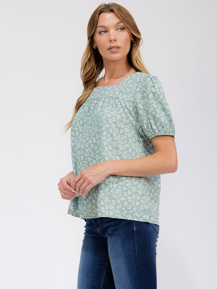 WOMEN'S SHORT PUFF SLEEVE SQUARE NECK FLOWER BLOUSE