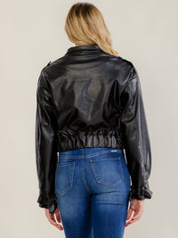 WOMEN'S LONG SLEEVE BUTTON UP FRONT POCKETS ELASTIC WAIST PU LEATHER JACKET