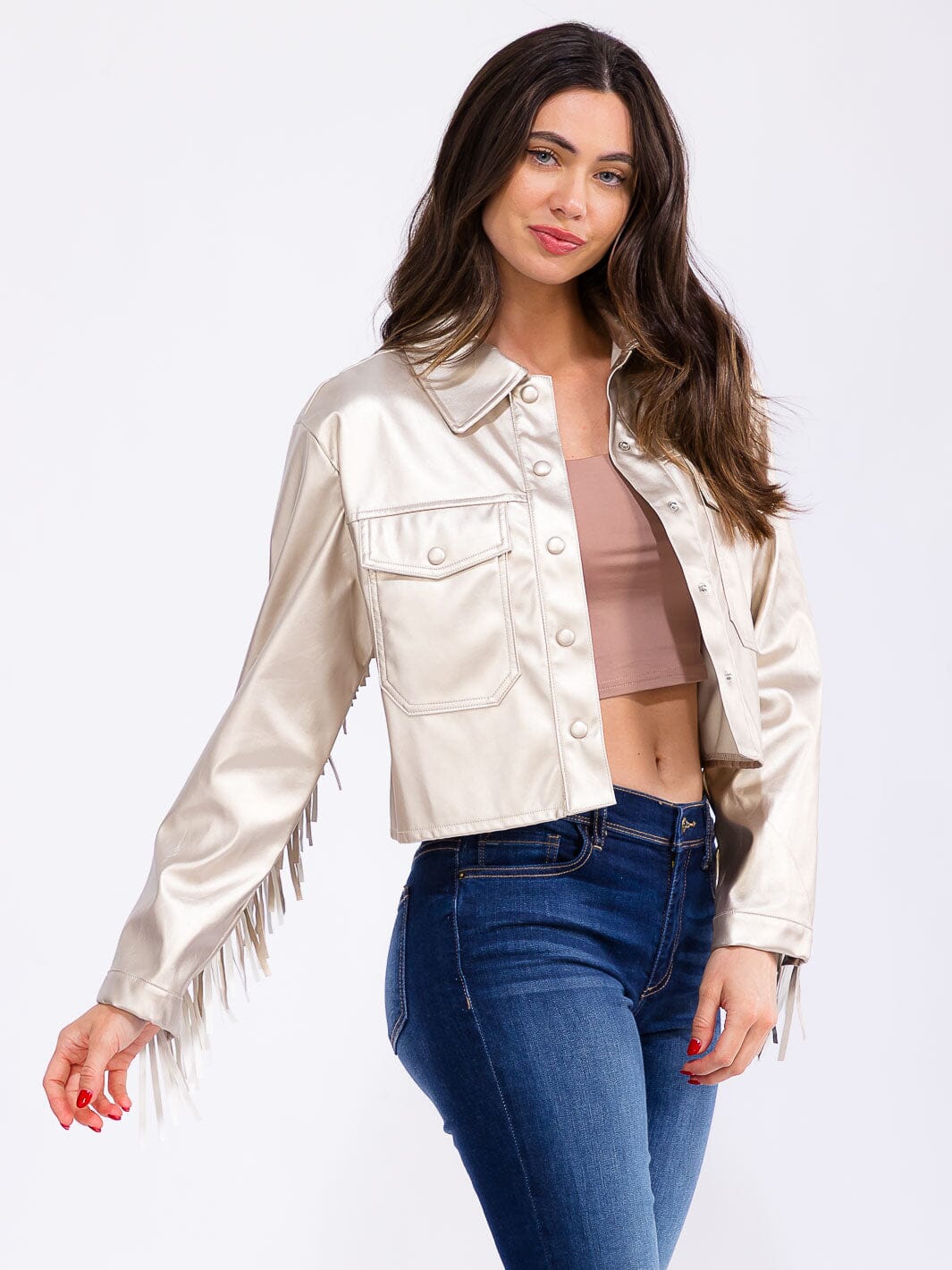 WOMEN'S LONG SLEEVE BUTTON CLOSURE FRONT POCKETS PU PLEATHER FRINGE JACKET