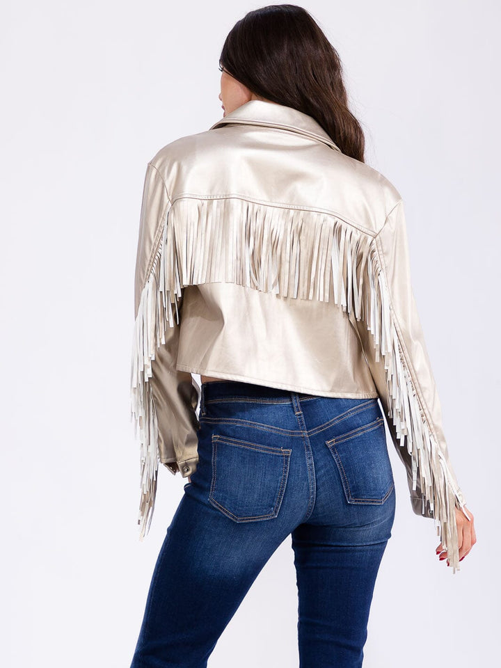 WOMEN'S LONG SLEEVE BUTTON CLOSURE FRONT POCKETS PU PLEATHER FRINGE JACKET
