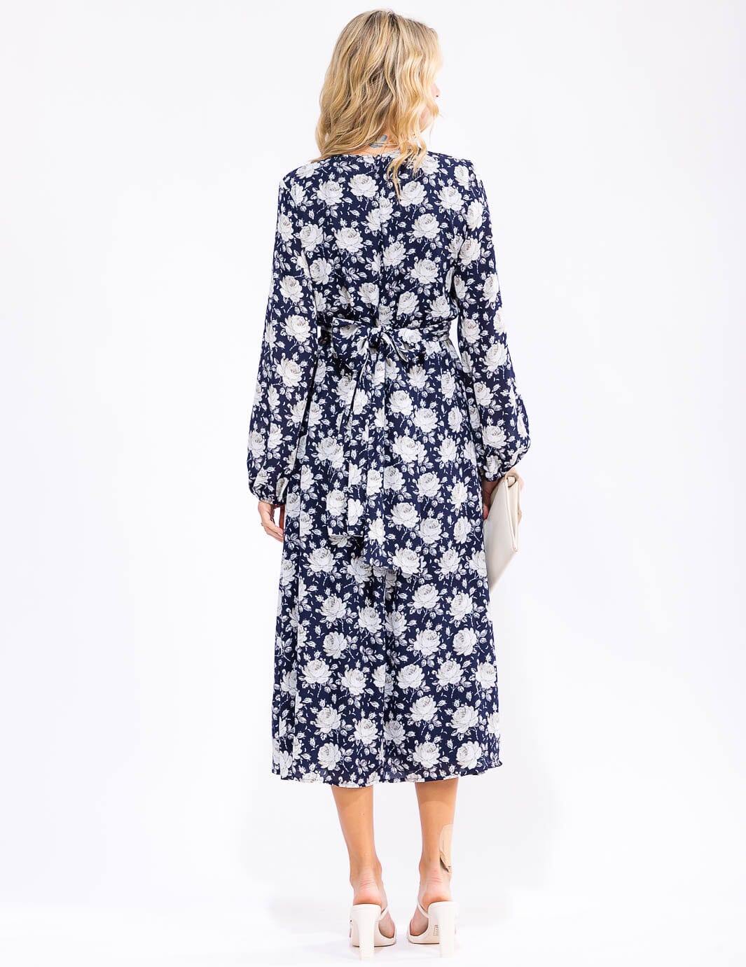 WOMEN'S LONG SLEEVE V-NECK SELF TIE FLORAL MAXI DRESS