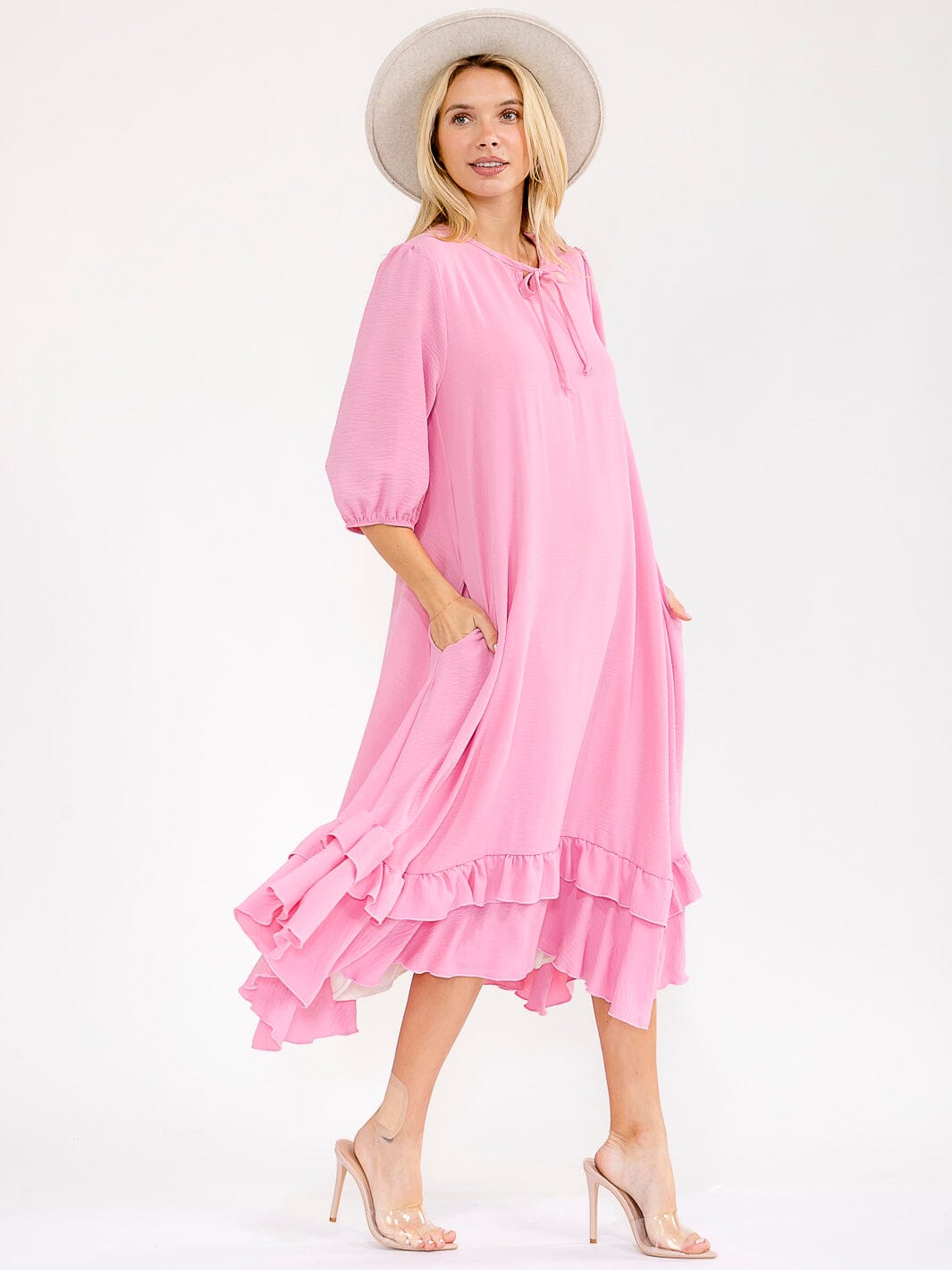 WOMEN'S 3/4 SLEEVE RUFFLE BOTTOM HEM FRONT POCKETS LOOSE FIT MAXI DRESS