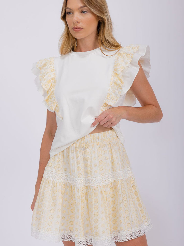 WOMEN'S RUFFLE SLEEVE BLOUSE & ELASTIC WAIST MINI SKIRT EYELET 2PC. SET