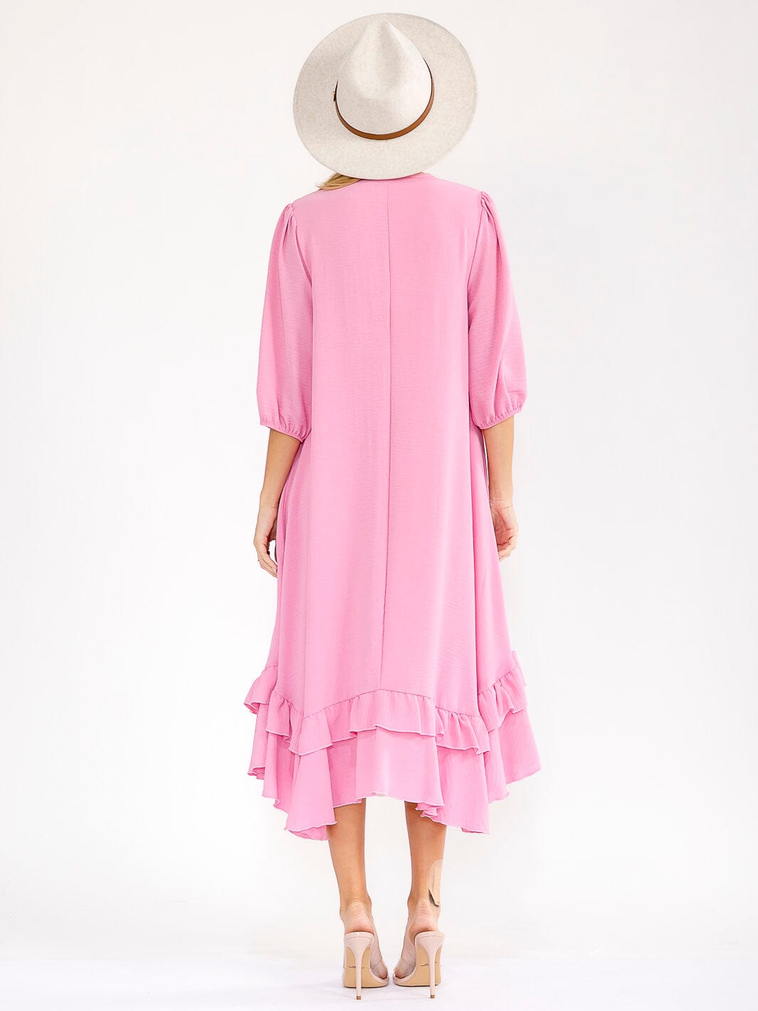 WOMEN'S 3/4 SLEEVE RUFFLE BOTTOM HEM FRONT POCKETS LOOSE FIT MAXI DRESS