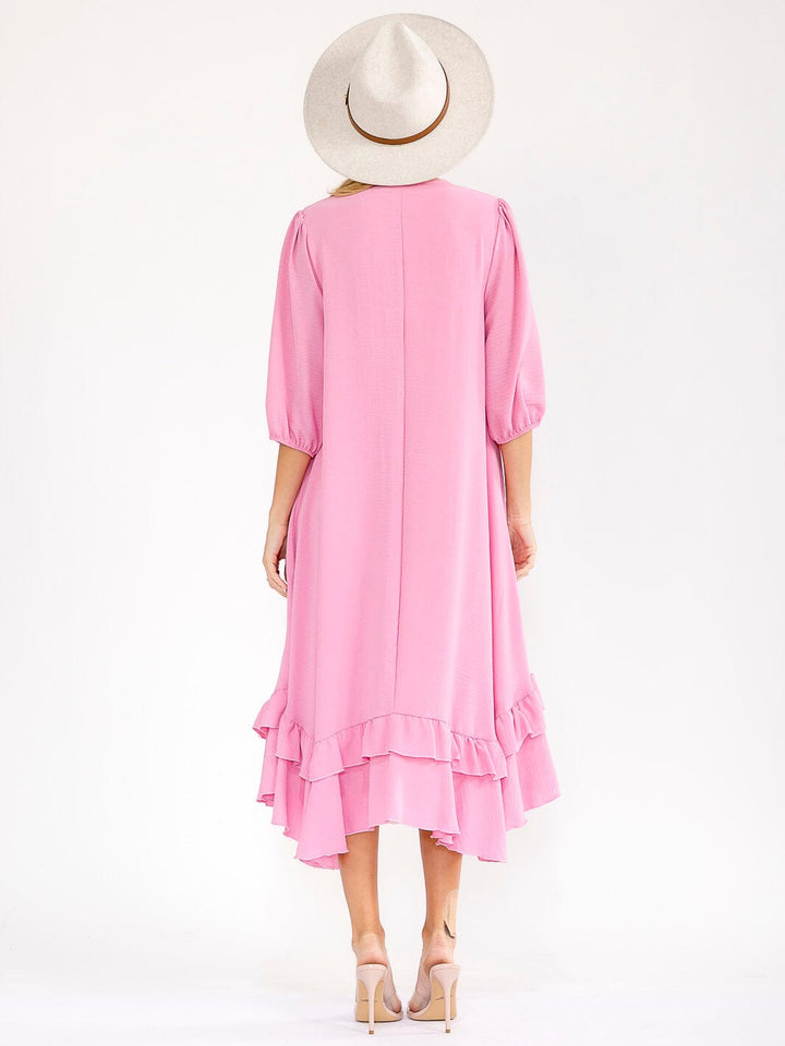 WOMEN'S 3/4 SLEEVE RUFFLE BOTTOM HEM FRONT POCKETS LOOSE FIT MAXI DRESS