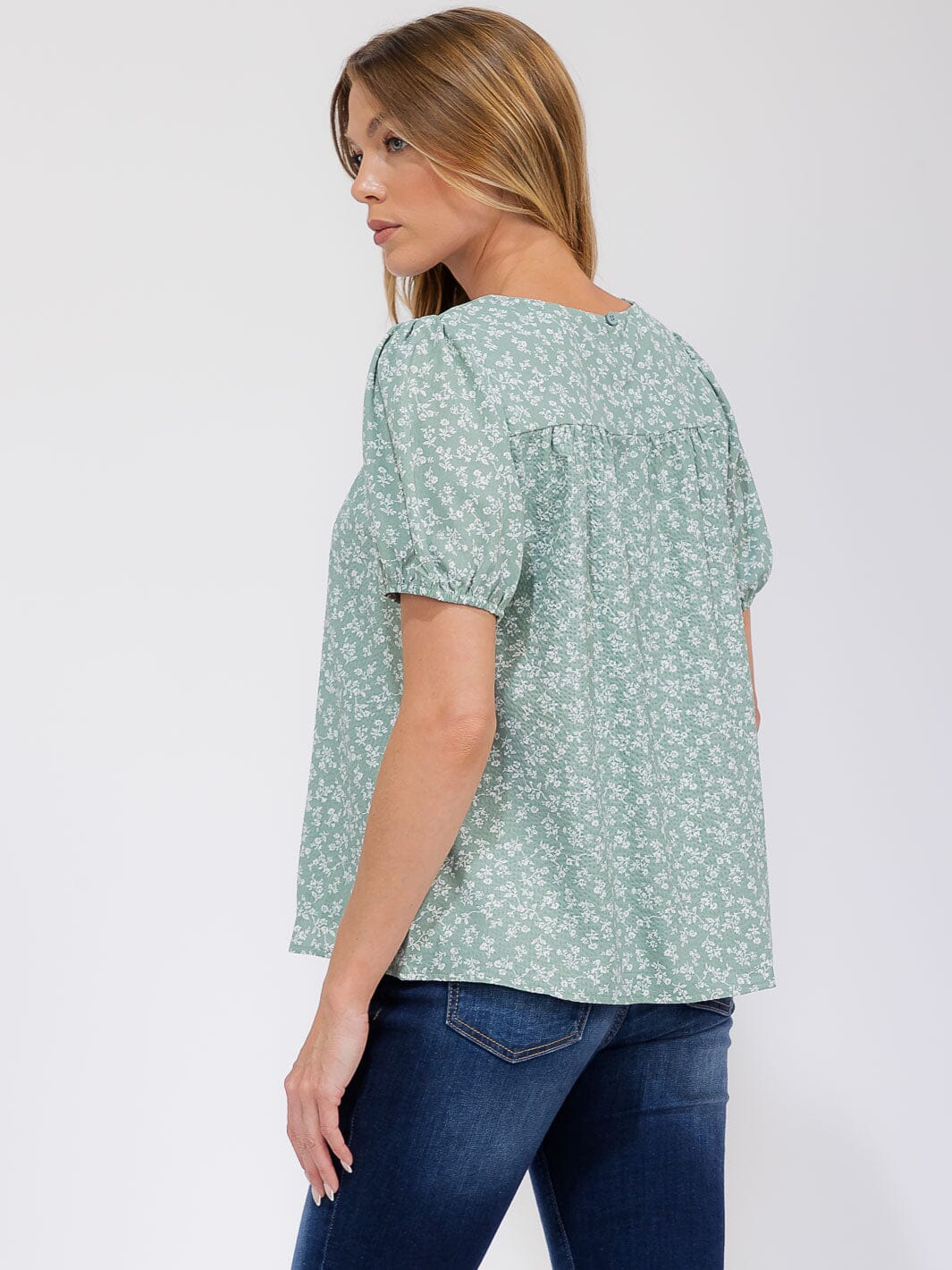 WOMEN'S SHORT PUFF SLEEVE SQUARE NECK FLOWER BLOUSE