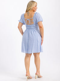 PLUS SIZE SHORT SLEEVE V-NECK SMOCK OPEN BACK MINI DRESS