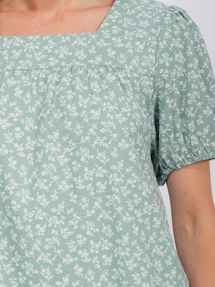 WOMEN'S SHORT PUFF SLEEVE SQUARE NECK FLOWER BLOUSE