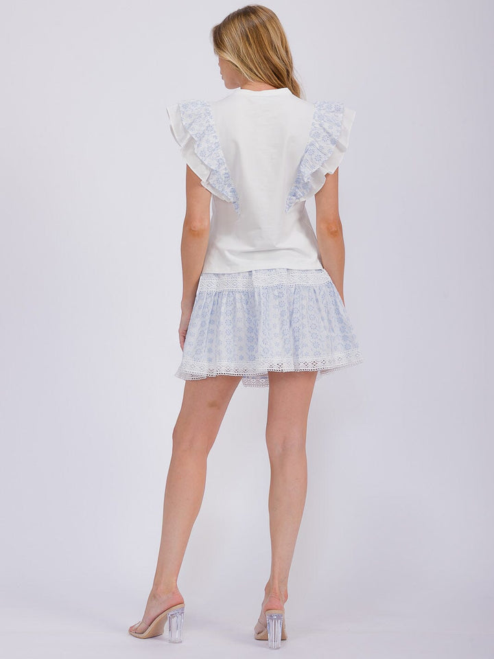 WOMEN'S RUFFLE SLEEVE BLOUSE & ELASTIC WAIST MINI SKIRT EYELET 2PC. SET