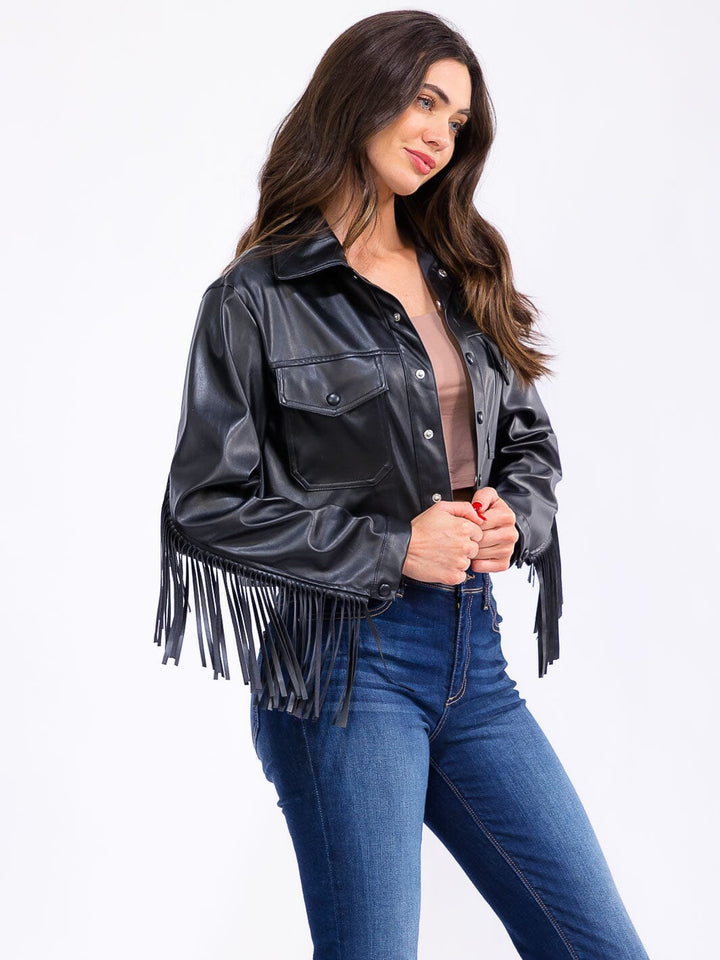 WOMEN'S LONG SLEEVE BUTTON CLOSURE FRONT POCKETS PU PLEATHER FRINGE JACKET