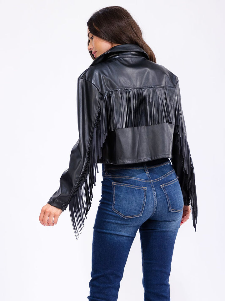WOMEN'S LONG SLEEVE BUTTON CLOSURE FRONT POCKETS PU PLEATHER FRINGE JACKET