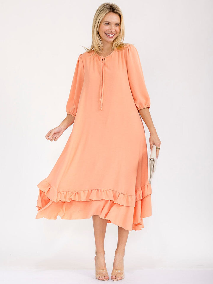 WOMEN'S 3/4 SLEEVE RUFFLE BOTTOM HEM FRONT POCKETS LOOSE FIT MAXI DRESS