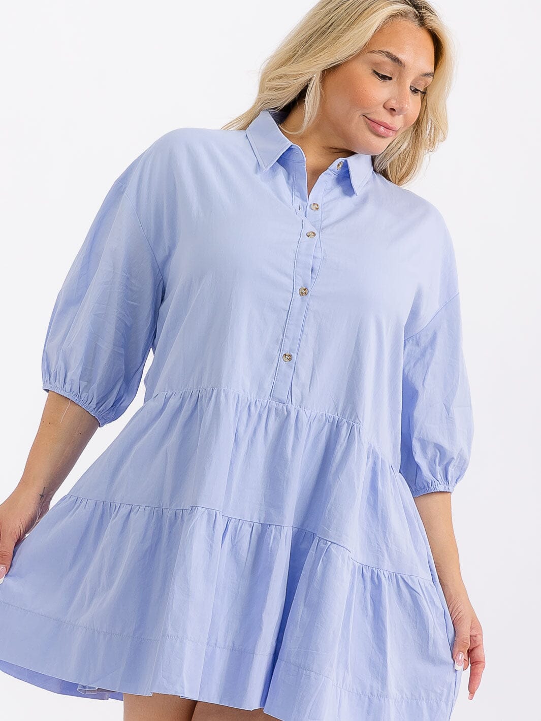 PLUS SIZE 3/4 SLEEVE BUTTON UP FRONT POCKETS TIERED MINI DRESS