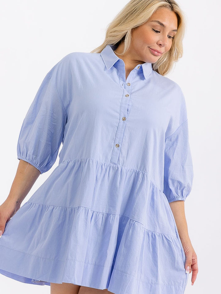 PLUS SIZE 3/4 SLEEVE BUTTON UP FRONT POCKETS TIERED MINI DRESS