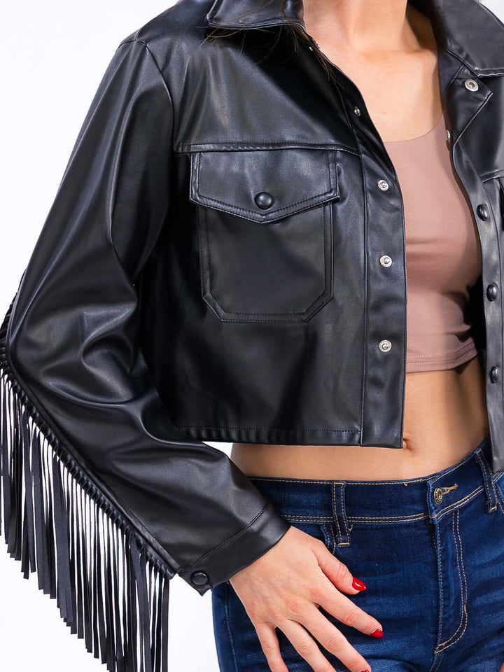 WOMEN'S LONG SLEEVE BUTTON CLOSURE FRONT POCKETS PU PLEATHER FRINGE JACKET