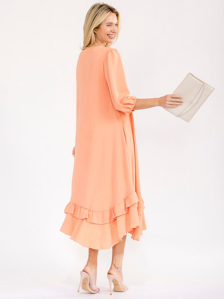 WOMEN'S 3/4 SLEEVE RUFFLE BOTTOM HEM FRONT POCKETS LOOSE FIT MAXI DRESS