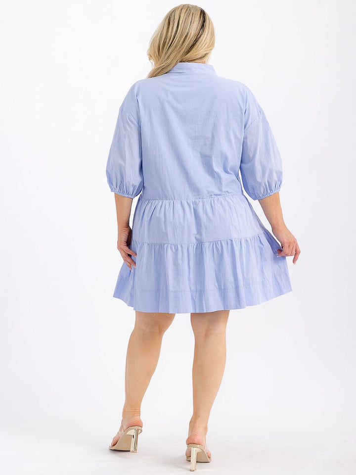 PLUS SIZE 3/4 SLEEVE BUTTON UP FRONT POCKETS TIERED MINI DRESS