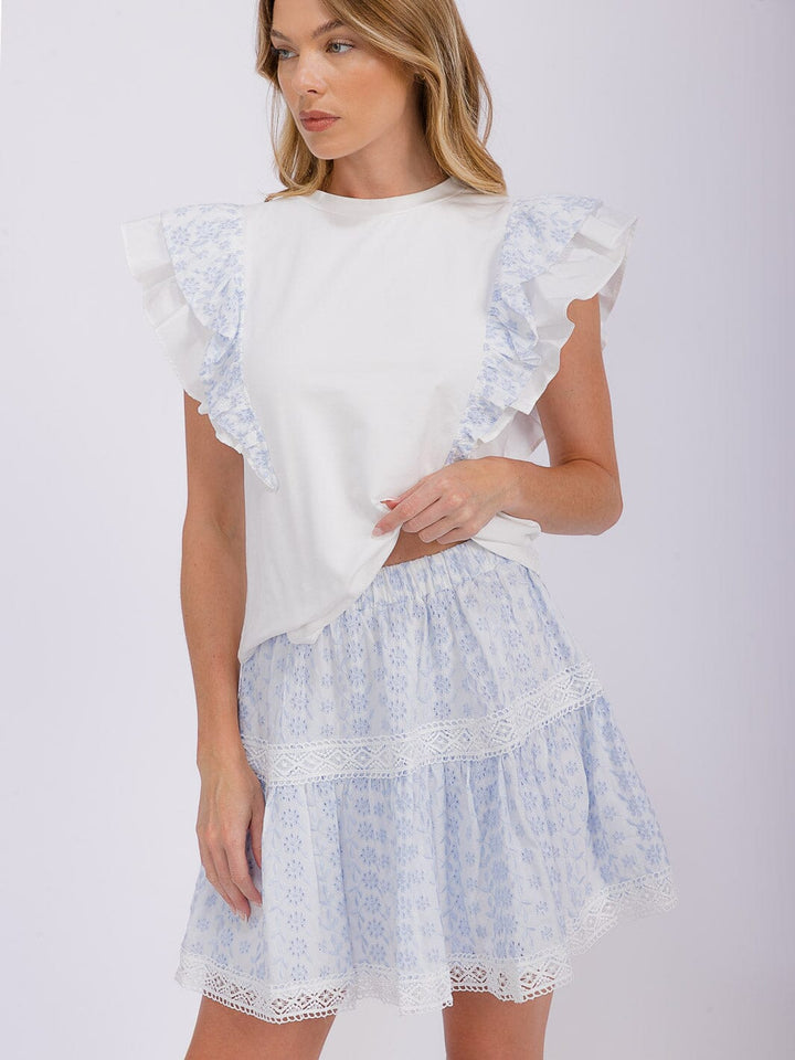 WOMEN'S RUFFLE SLEEVE BLOUSE & ELASTIC WAIST MINI SKIRT EYELET 2PC. SET