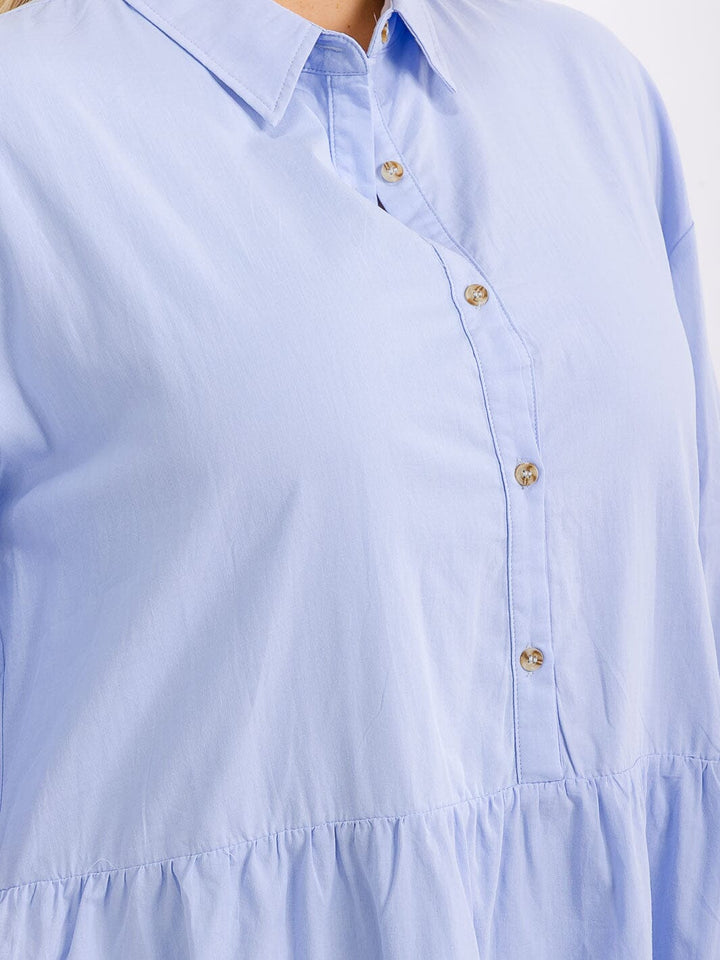 PLUS SIZE 3/4 SLEEVE BUTTON UP FRONT POCKETS TIERED MINI DRESS