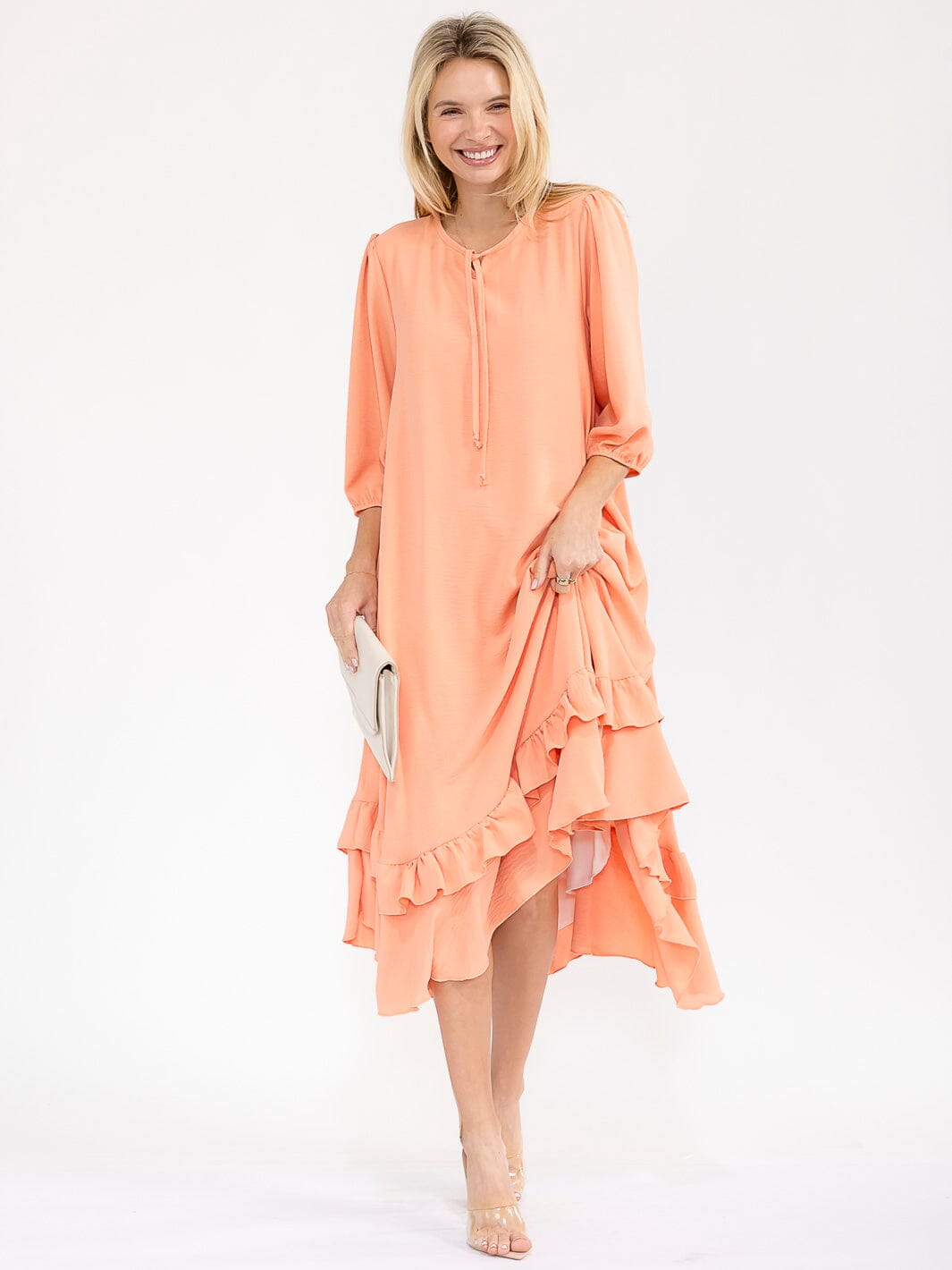 WOMEN'S 3/4 SLEEVE RUFFLE BOTTOM HEM FRONT POCKETS LOOSE FIT MAXI DRESS