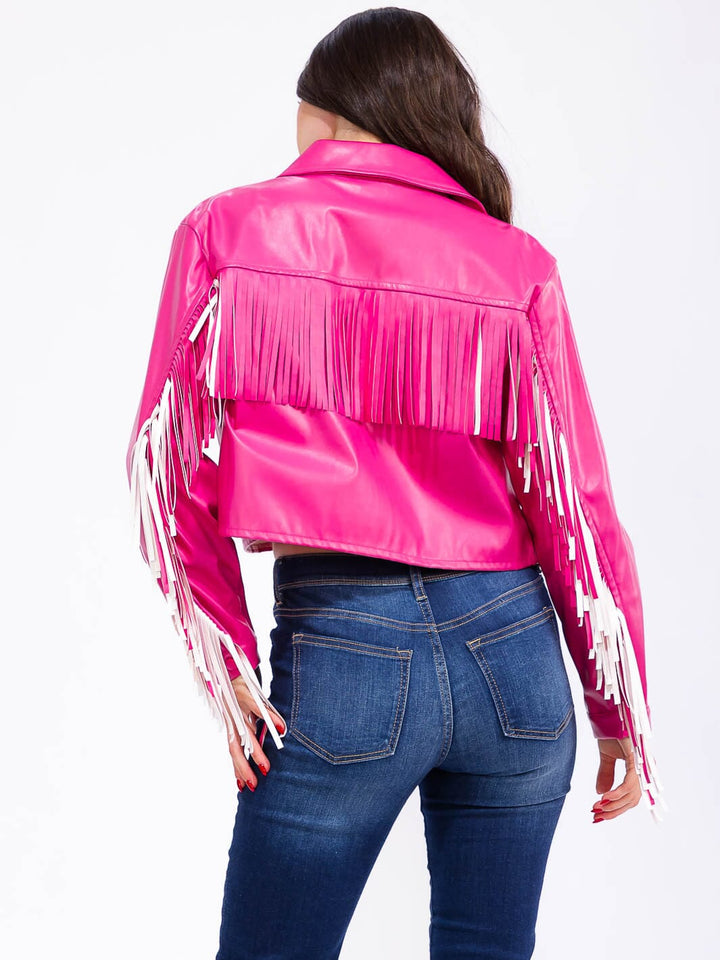 WOMEN'S LONG SLEEVE BUTTON CLOSURE FRONT POCKETS PU PLEATHER FRINGE JACKET