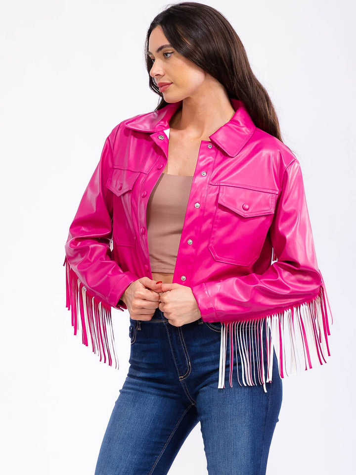 WOMEN'S LONG SLEEVE BUTTON CLOSURE FRONT POCKETS PU PLEATHER FRINGE JACKET