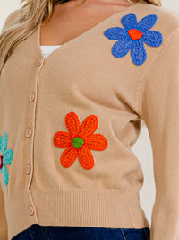 WOMEN'S LONG SLEEVE V-NECK BUTTON UP CROCHET FLOWERS SWEATER