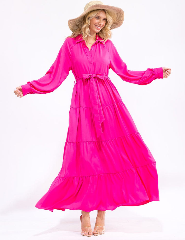 WOMEN'S LONG SLEEVE BUTTON UP SELF TIE TIERED MAXI DRESS