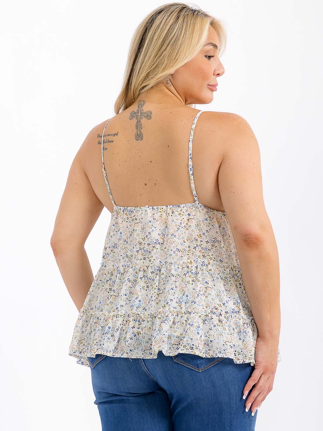 PLUS SIZE SLEEVELESS V-NECK TIERED FLORAL TUNIC BLOUSE