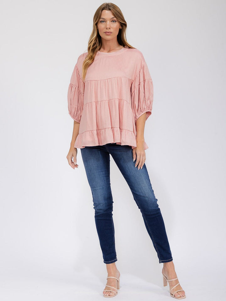 WOMEN'S SHORT SLEEVE TIERED LOOSE FIT BLOUSE