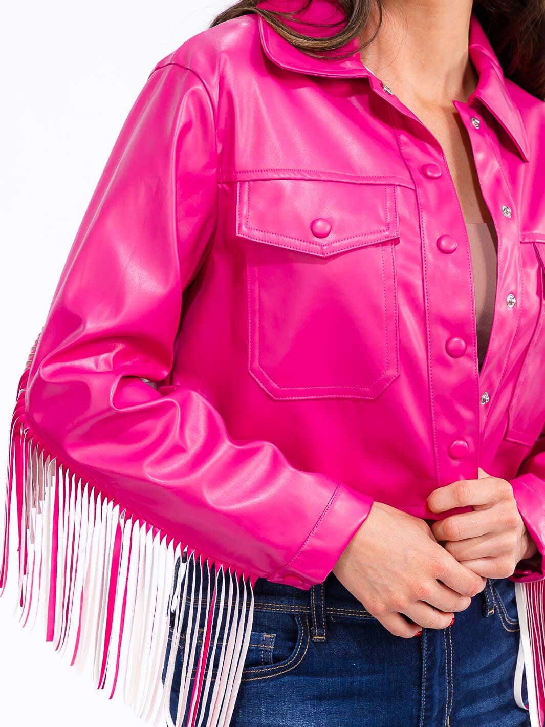 WOMEN'S LONG SLEEVE BUTTON CLOSURE FRONT POCKETS PU PLEATHER FRINGE JACKET