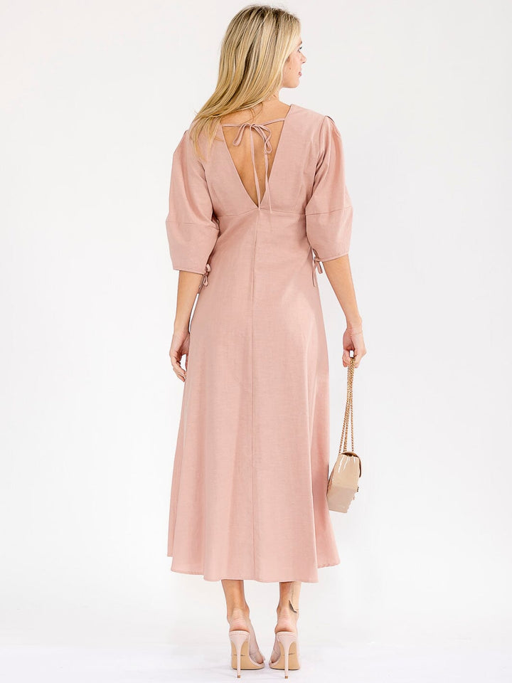 WOMEN'S SHORT SLEEVE V-NECK BUTTON UP OPEN BACK MAXI DRESS