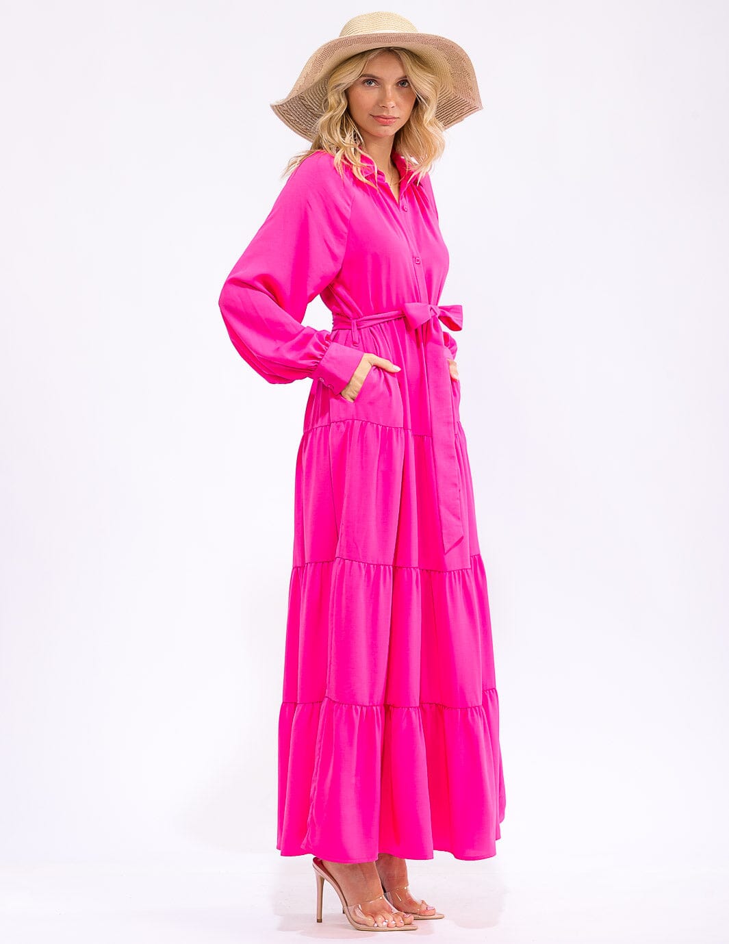 WOMEN'S LONG SLEEVE BUTTON UP SELF TIE TIERED MAXI DRESS