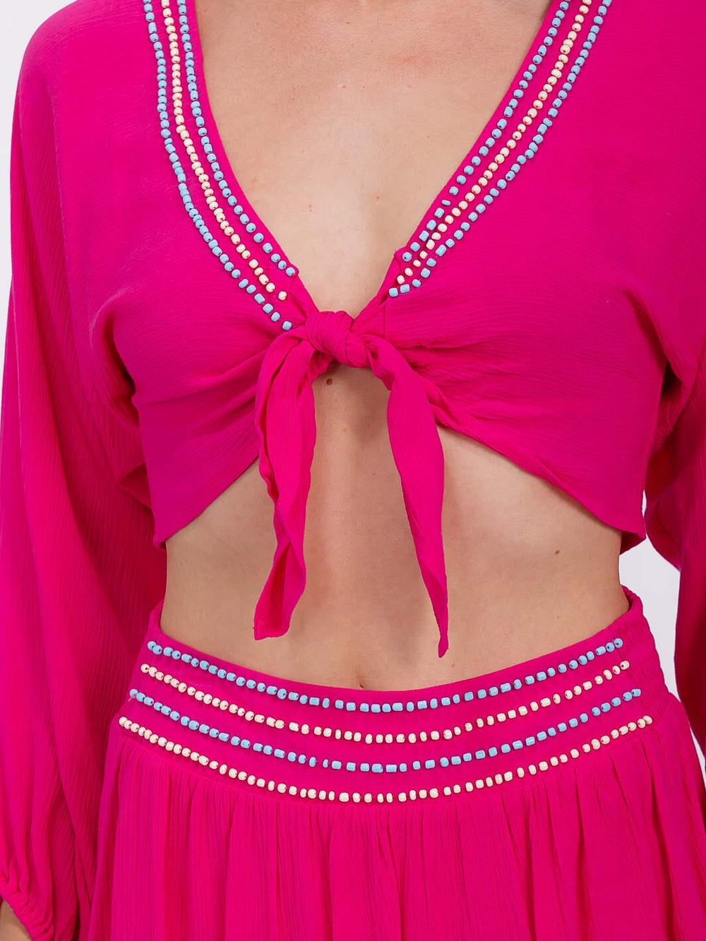 WOMEN'S LONG SLEEVE CROP TOP & ELASTIC WAIST MINI SKORT BEADS TRIM 2PC. SET