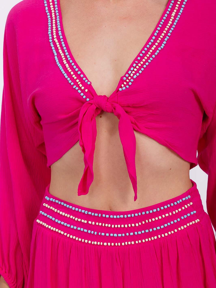 WOMEN'S LONG SLEEVE CROP TOP & ELASTIC WAIST MINI SKORT BEADS TRIM 2PC. SET