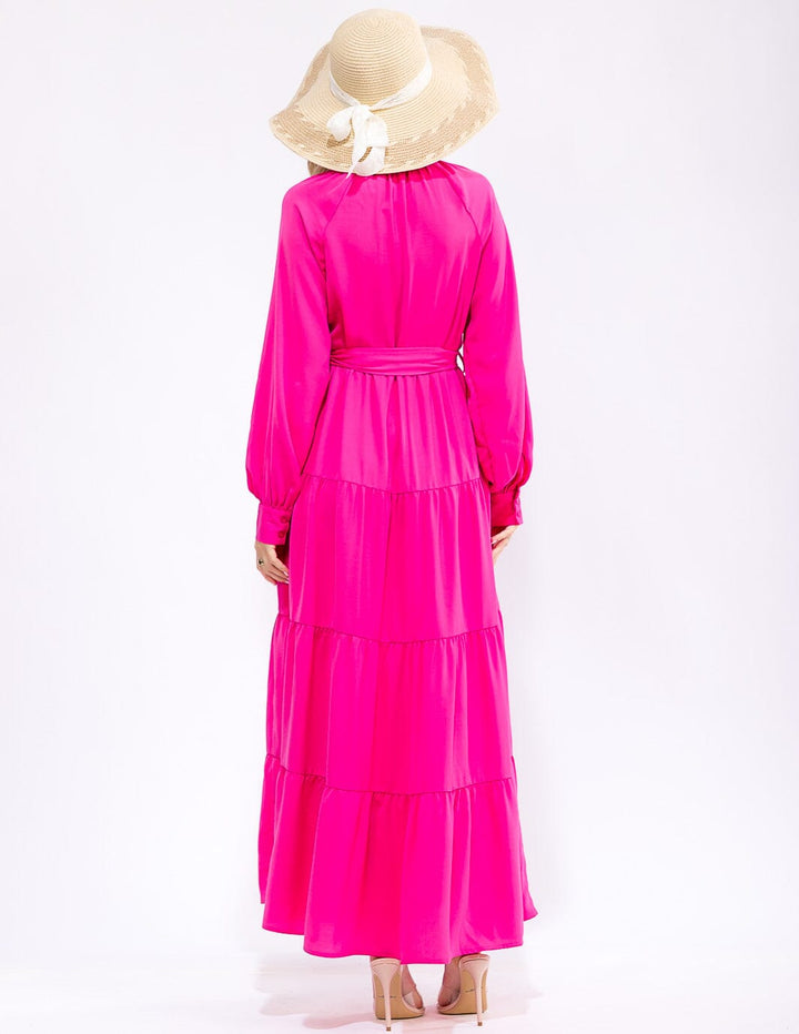 WOMEN'S LONG SLEEVE BUTTON UP SELF TIE TIERED MAXI DRESS