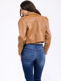 WOMEN'S LONG SLEEVE ZIP UP FRONT POCKETS PU PLEATHER JACKET