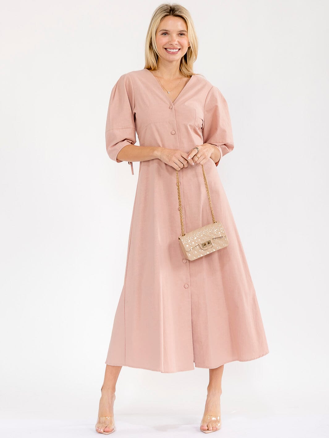 WOMEN'S SHORT SLEEVE V-NECK BUTTON UP OPEN BACK MAXI DRESS