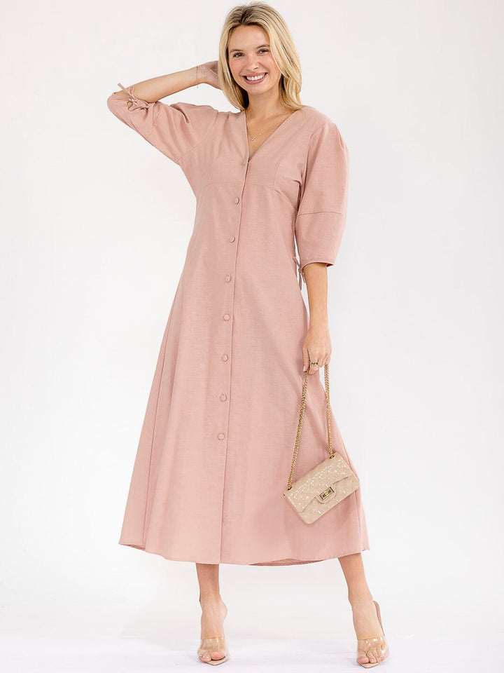 WOMEN'S SHORT SLEEVE V-NECK BUTTON UP OPEN BACK MAXI DRESS