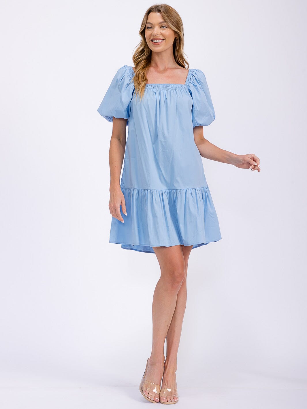 WOMEN'S SHORT PUFF SLEEVE FRONT POCKETS TIERED MINI DRESS