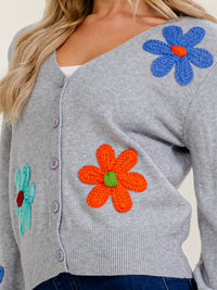 WOMEN'S LONG SLEEVE V-NECK BUTTON UP CROCHET FLOWERS SWEATER