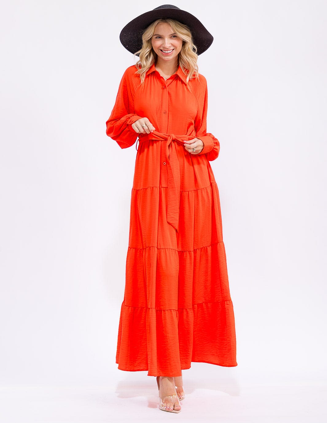WOMEN'S LONG SLEEVE BUTTON UP SELF TIE TIERED MAXI DRESS