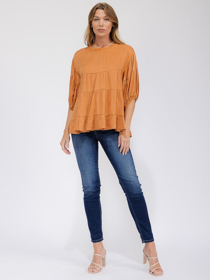 WOMEN'S SHORT SLEEVE TIERED LOOSE FIT BLOUSE