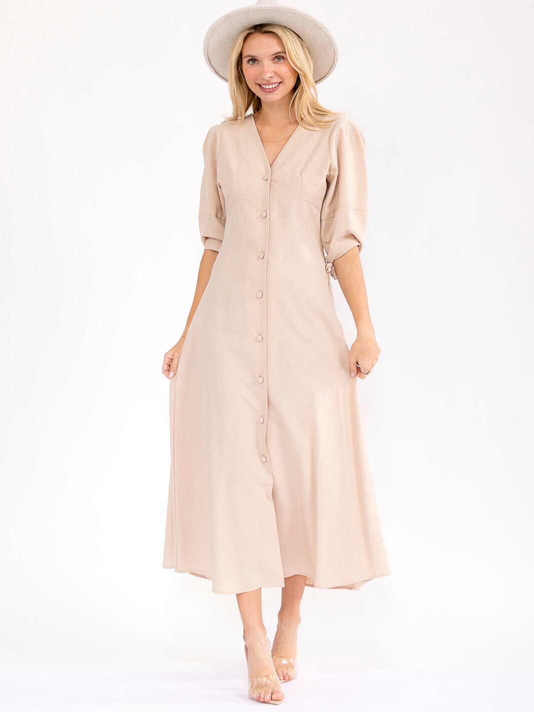 WOMEN'S SHORT SLEEVE V-NECK BUTTON UP OPEN BACK MAXI DRESS