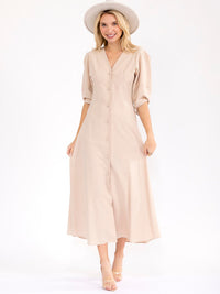WOMEN'S SHORT SLEEVE V-NECK BUTTON UP OPEN BACK MAXI DRESS